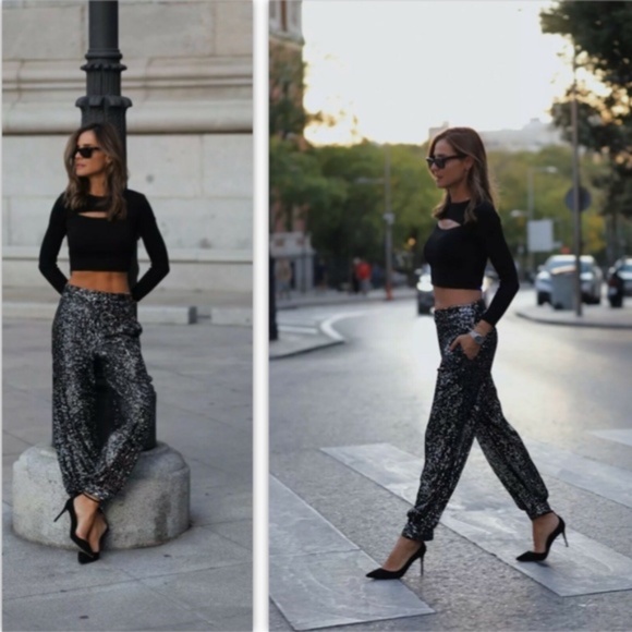 NEW ZARA Black Sequin Pants XS - Picture 2 of 13